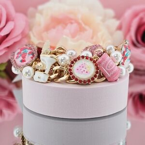 Betsey Johnson Bracelet Pink Baking Cluster Toggle Croissant Baker Homemaker Mom